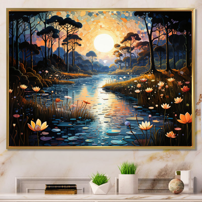 «Blue Green Pointillism River at Night IV», reproduction sur toile, H 16 po x l 32 po x P 1 po, Cadre flottant doré