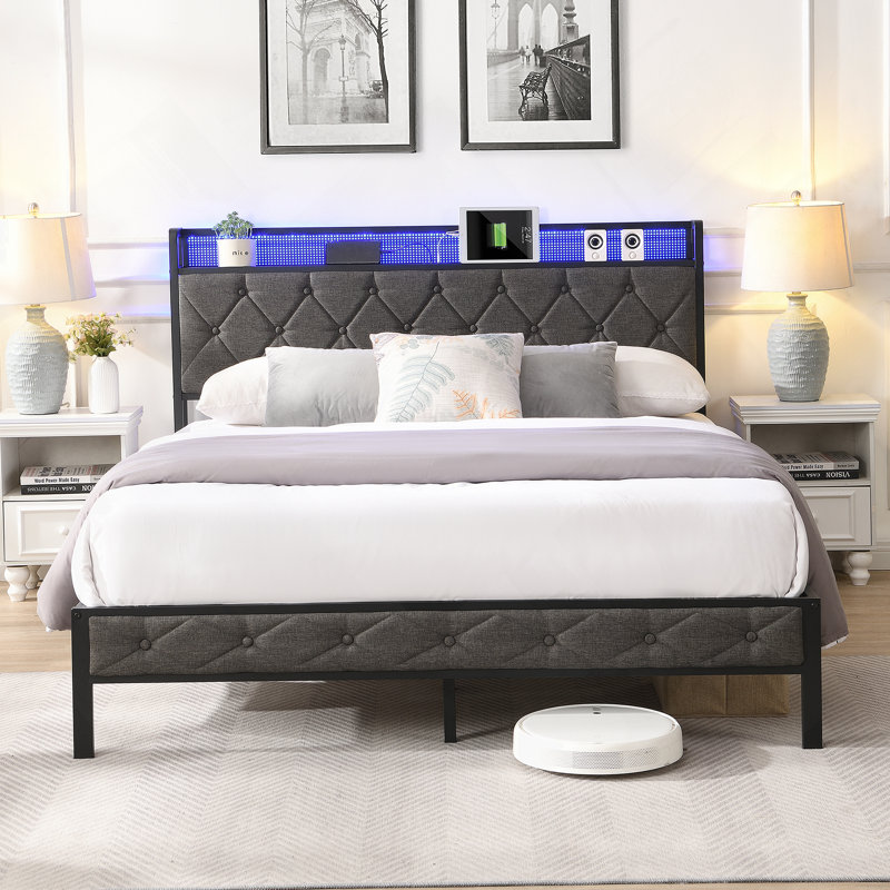 Tête de lit avec rangement, station de charge et lumières DEL, lit plateforme tapissier