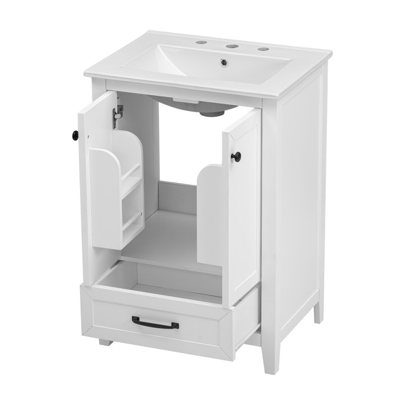 Meuble-lavabo de salle de bain avec lavabo, armoire de meuble-lavabo avec tiroir et portes, bois massif et panneau de fibres à densité moyenne, blanc
