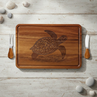 Sea Turtle Charcuterie Board Set With Fork & Knife - Ocean Theme Serving Anncliffe For Entertaining, Unique Housewarming Gift & Kitchen Decor