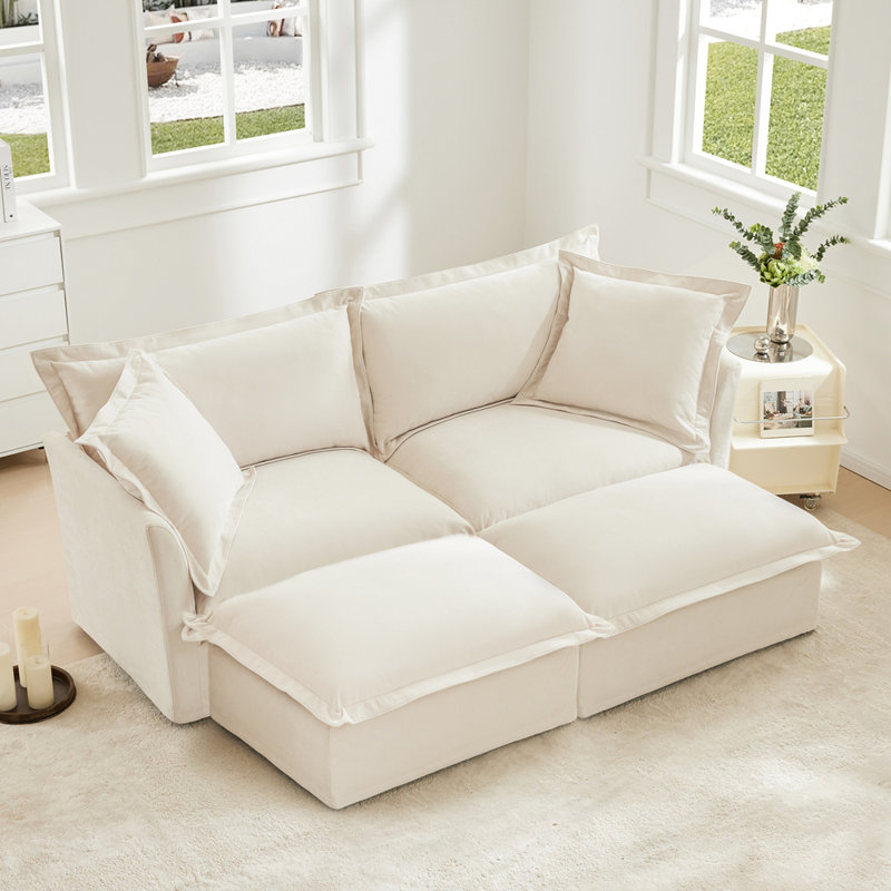 Canapé contemporain 2 places avec 2 repose-pieds, Crème, crème