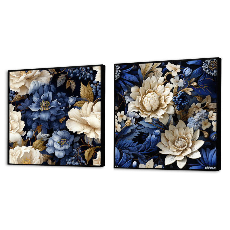 Victorian Cobalt Foliage Victorian, Cadre flottant noir, H 16 po x l 33 po