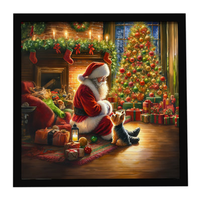 Yorkshire Terrier Yorkie and Santa Claus Framed Metal Print