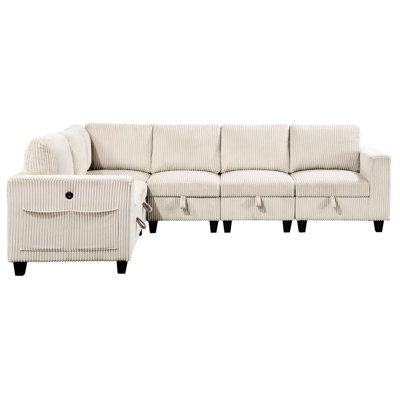 Living Area Sectional With 6 Seats, Beige Corduroy & Charging Ports For Home Modular Attachable Back Cushions