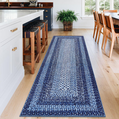 2x6 Runner Rug, Machine Washable Braided Printed Hallway Carpet, Non-Slip Throw Floor Mat for Kitchen, Farmhouse, Living Room, Bedroom (Navy)