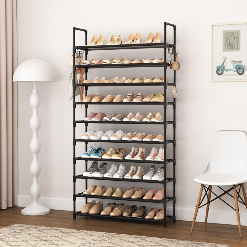 The 10 Tiers Shoe Rack Tall Large Capacity 50 Pairs Wide Shoe Organizer with Two Hooks, Black