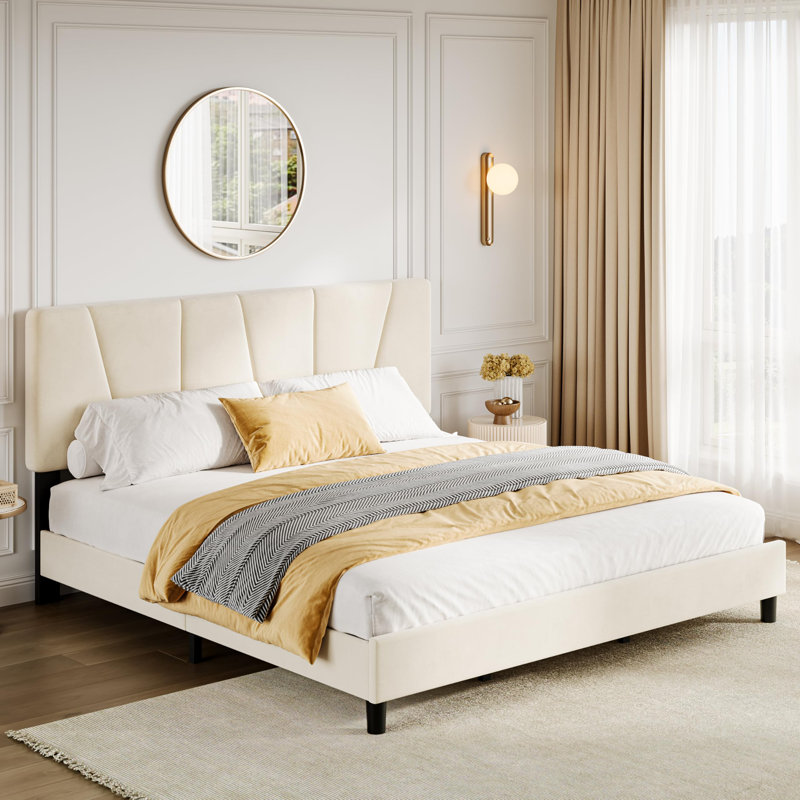 Cadre de lit avec tête de lit réglable, lit plateforme tapissier en lin avec tête de lit, Beige, Très grand lit