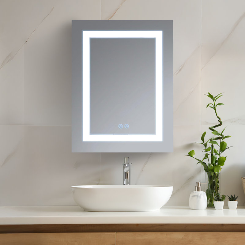 Armoire à pharmacie avec lumières DEL Rigel | Armoire de salle de bain encastrée ou à surface | Désembueur intégré One Touch | Gradateur | Miroir de maquillage | 2 tablettes réglables en verre