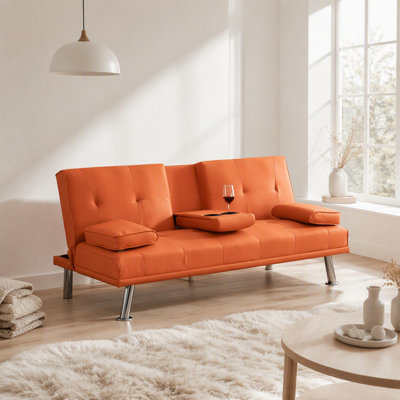 Canapé-lit de bureau multifonctionnel en cuir orange avec double pliage et table basse, design gain de place