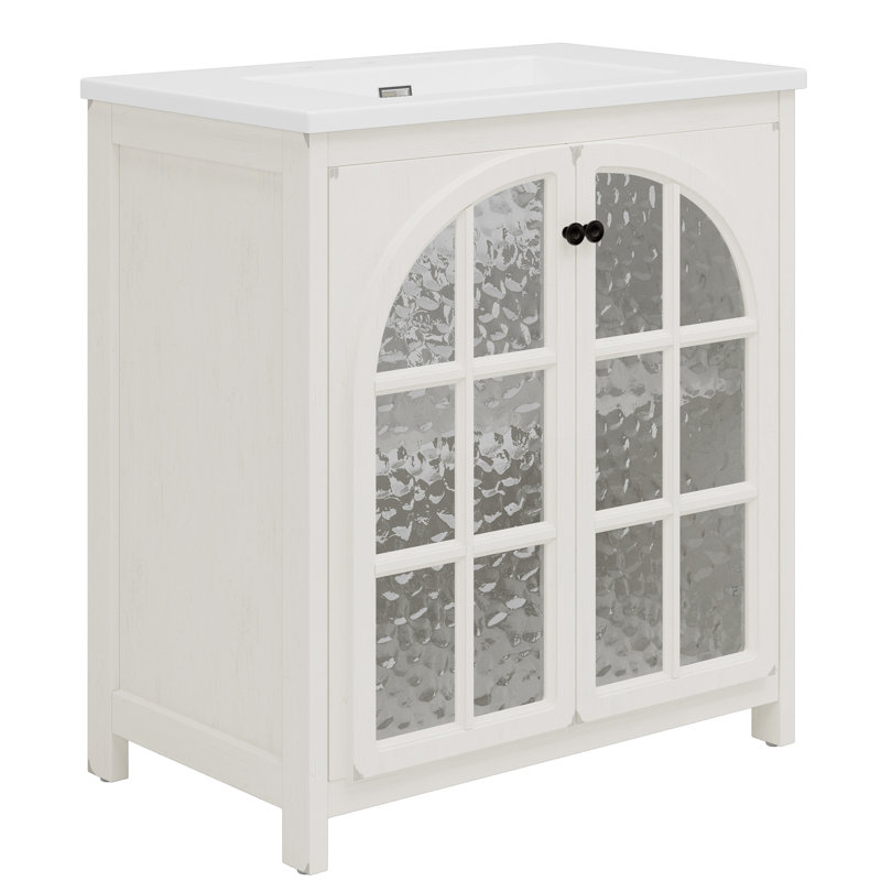 Meuble-lavabo Farmhouse avec lavabo en céramique, Blanc antique