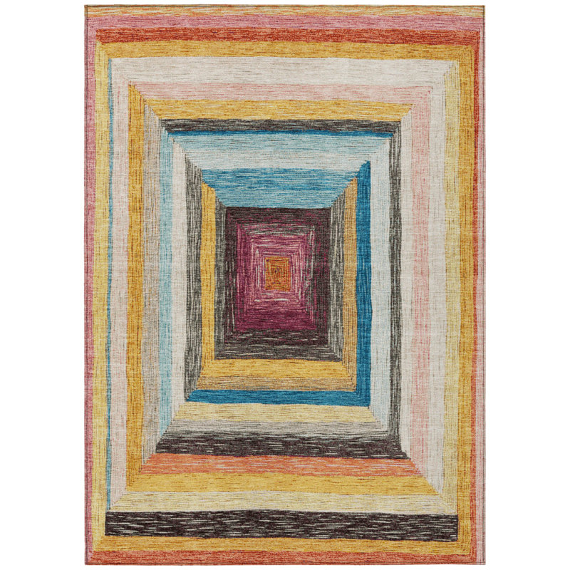 3' X 5' Amber Pink And Teal Blue Geometric Washable Indoor Outdoor Area Rug