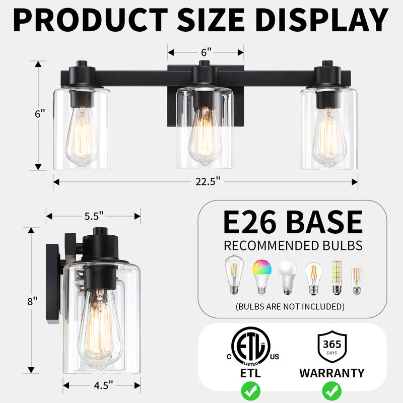 22'' 3-Light Matte Black Bathroom Vanity Light with Glass Shade, 3 Lights, Matte Black