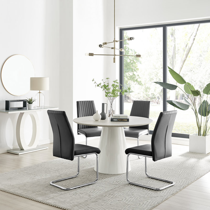 Statement 4 Person Round Dining Table Set in Luxury Beige Stone Effect - Faux Leather Dining Chairs, Black/Silver