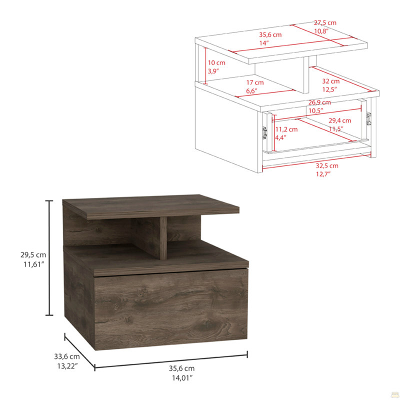 Table de chevet suspendue, avec un tiroir et deux petites Ã©tagÃ¨res en dessous, Brown