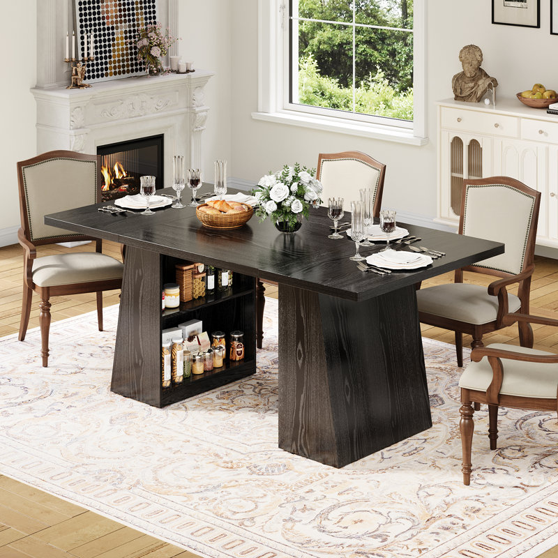 Table de salle à manger spacieuse et moderne - Table rectangulaire en bois de 71 po avec tablette de rangement à 2 niveaux, 4 à 8 places, conception peu encombrante pour la maison, le bureau ou la famille - Noir