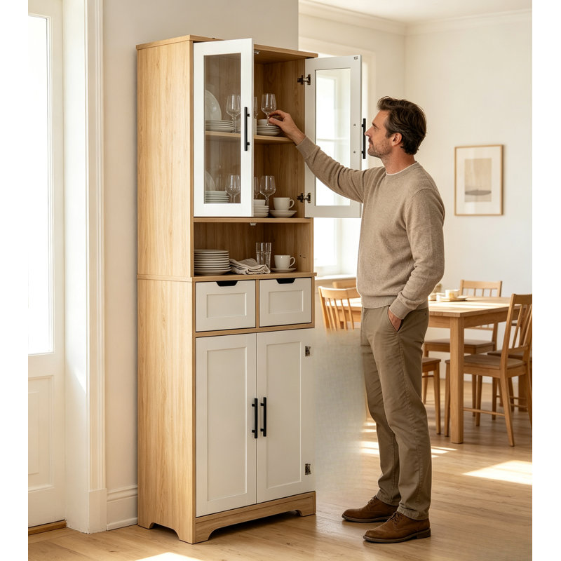 Armoire de rangement haute avec portes en verre, garde-manger autoportant avec compartiment ouvert, 2 tiroirs et placard fermé, rangement en bois moderne pour la cuisine, la salle à manger et le salon