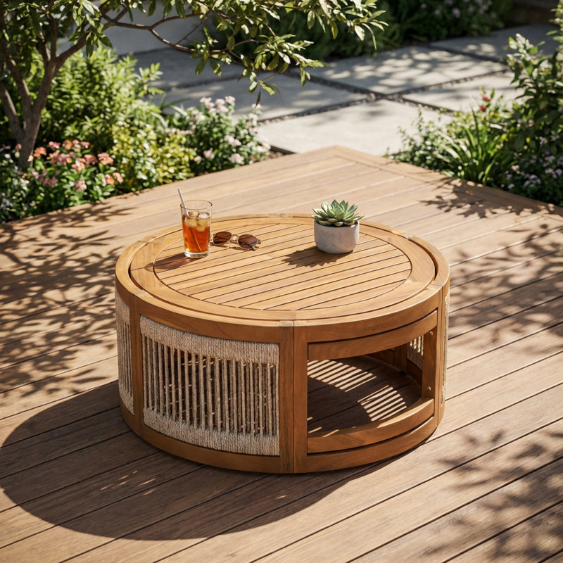 Table basse d'extérieur en corde tissée à la main fabriquée en bois d'acacia de qualité supérieure et durable