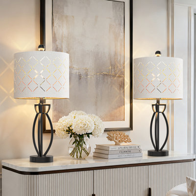 Ania 24.6” Modern Glam Metal 3-Way Dimmable Table Lamp Set with USB Type-C Ports and White Shade
