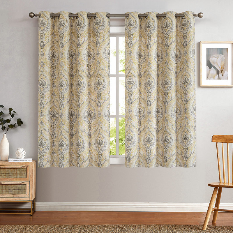 Rideaux obscurcissants à motif de médaillon rétro à motif de médaillon rétro pour chambre jaune sur fond gris, Jaune