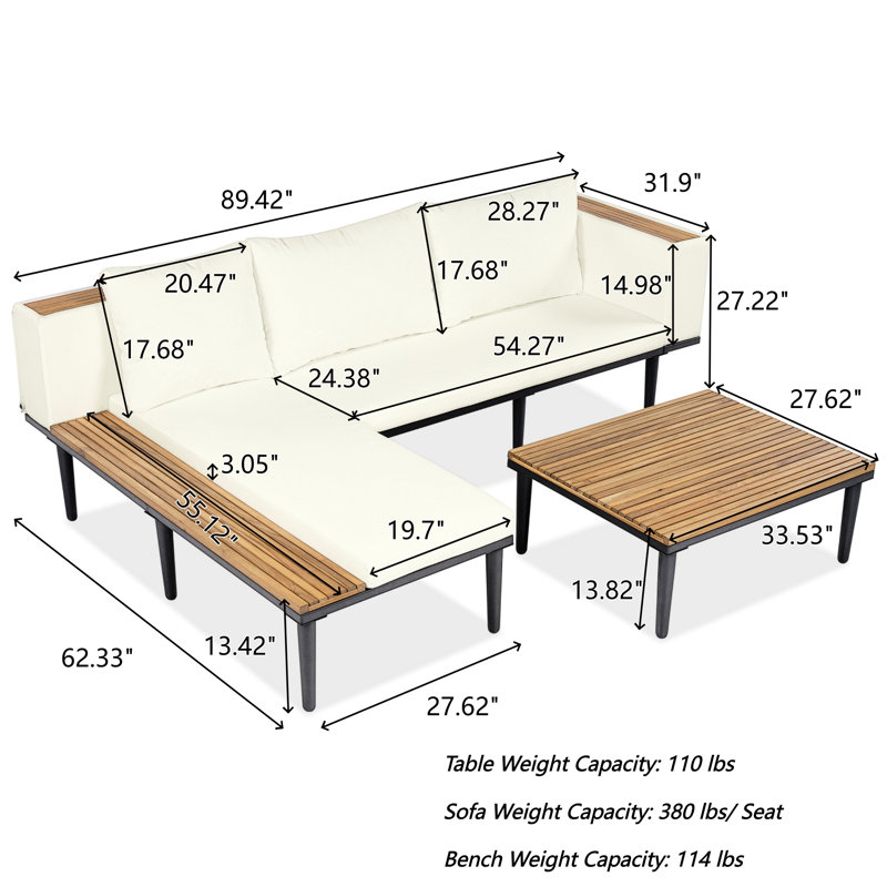 Ensemble de conversation modulaire pour 4 personnes avec coussins, ensemble de conversation pour patio, structure en bois d'acacia et en métal, table d'appoint intégrée, utilisation moderne et extérieure