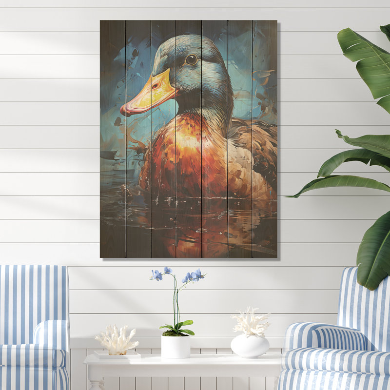Canard tacheté à l'étang III - animal canard sur bois, H 44 po x l 34 po