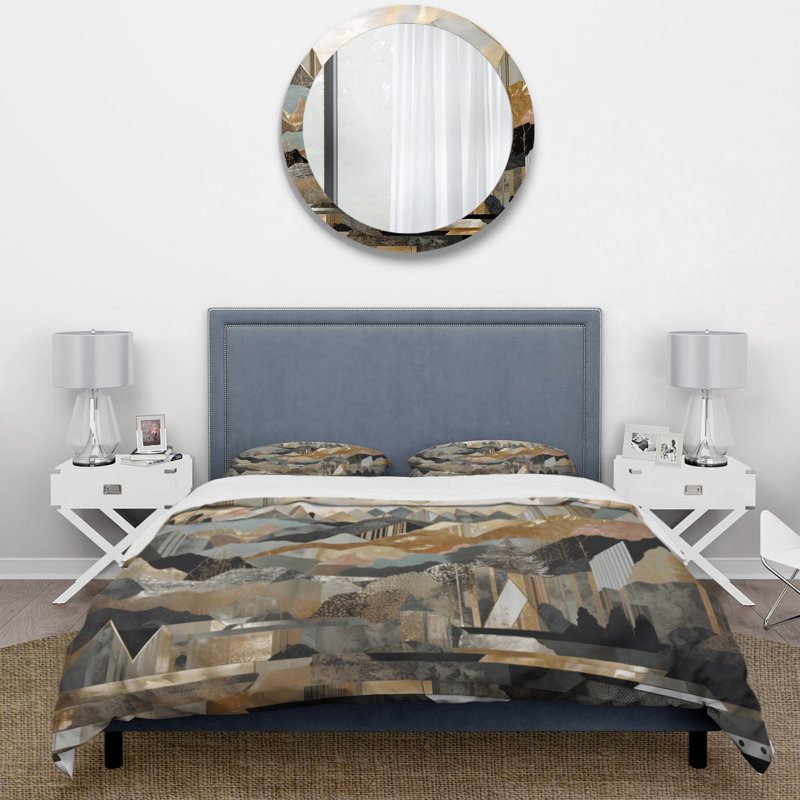 Ensemble de housse de couette géométrique gris et doré Horizons I - City, Housse de couette simple + 1 taie décorative stan