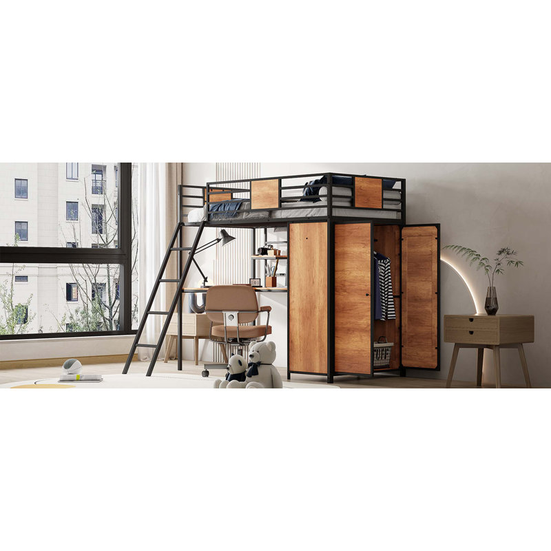 Lit mezzanine simple avec bureau en L et garde-robe, Noir