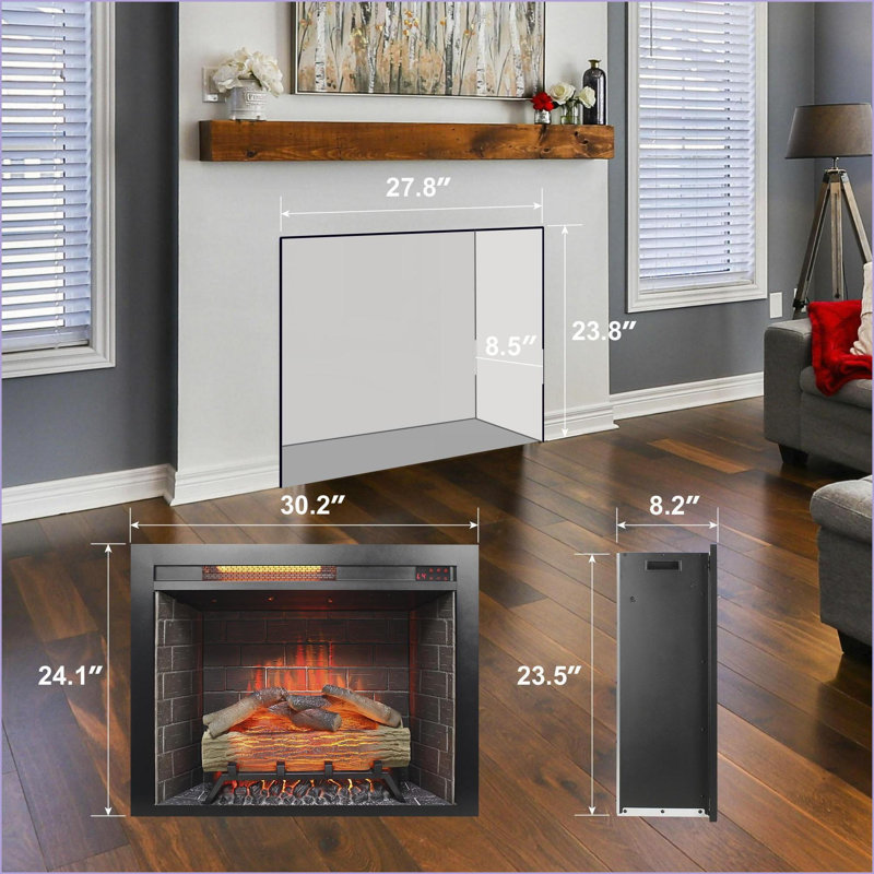 Foyer électrique encastrable 28 pouces, panneau tactile avec son craquelé, flammes réglables | Électrique | Sans évent