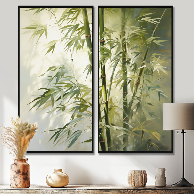 Bamboo Romantic Impression II - Art mural vert 2 panneaux, H 32 po x l 32 po, Impression encadrée flottante, Noir