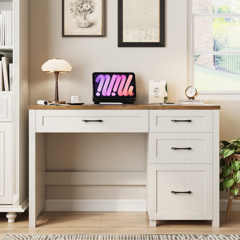 Farmhouse 47" Executive Desk with 4 Drawers and Charging Station, Brown/White