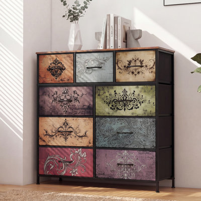 9 Drawer Dresser with Wood Top for Bedroom, Storage Organizer with Large Bins, Tall Chest of Drawers with Steel Frame, Tall Storage Tower for Living Room, Hallway, Closet