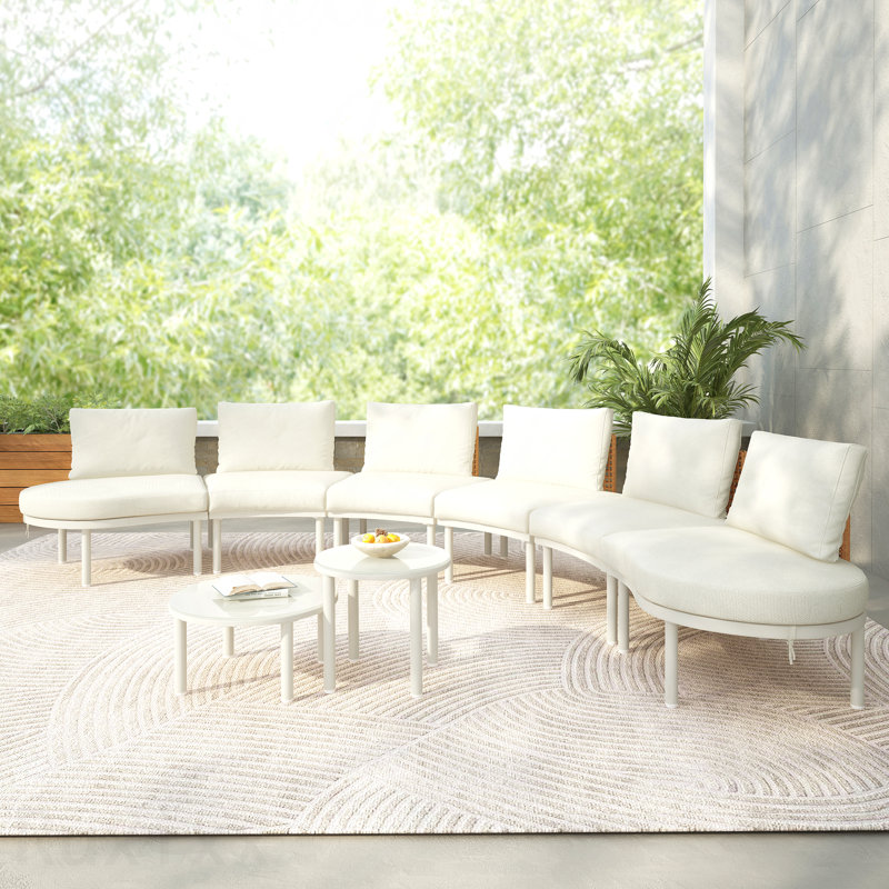 Canapé modulaire d'extérieur demi-lune 8 pièces Beige, Coussin blanc / cadre brun