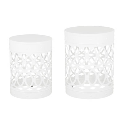 Modern Outdoor Metal End Table 2, White, Powder-Coated Iron Frame, Cut Design, No Assembly, 14.04W X 14.04D 18.05H & 12.00W 12.00D 16.00H S/2 , White Assembly Required,