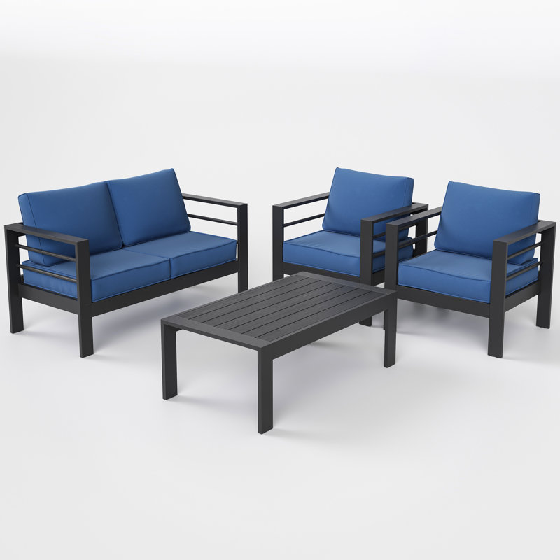 Ensemble de conversation d'extérieur pour 4 personnes avec coussins, Bleu foncé, Gris anthracite