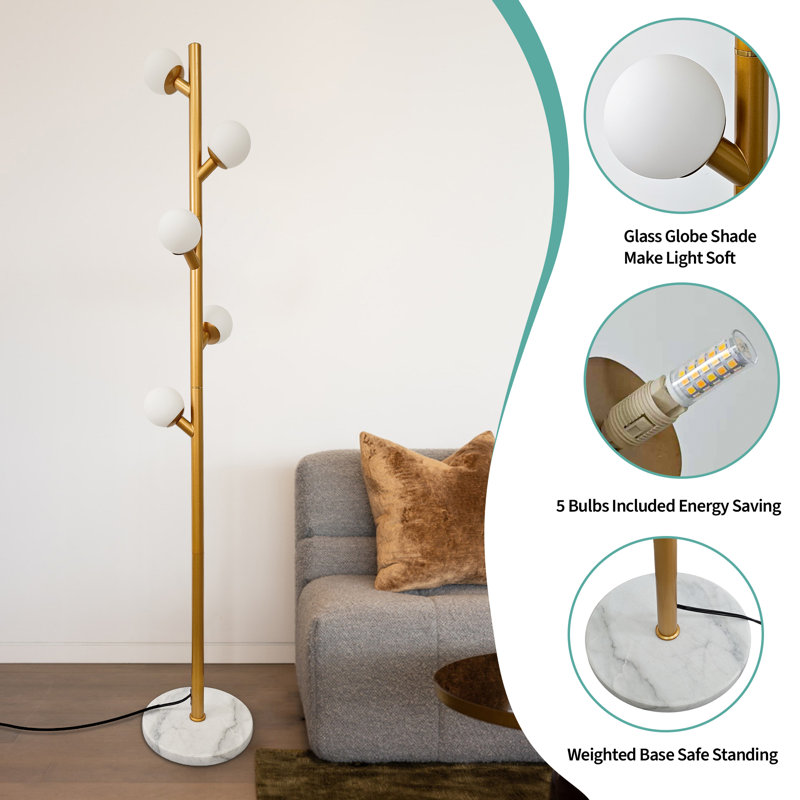 Modern Gold 5-globe Floor Lamp – Stable Base & Glass Shades