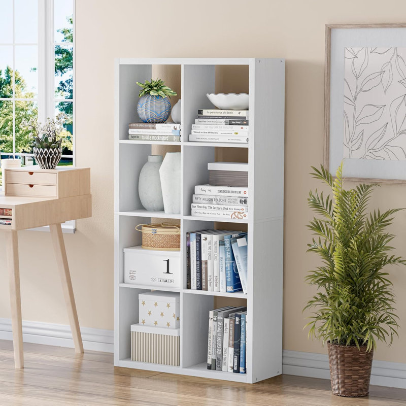 8-Compartment Double-Row Bookcases, Open Back Wooden Storage Bookcase, Thickened Sturdy Display Rack for Living Room Bedroom Home Office, Easy to Assemble