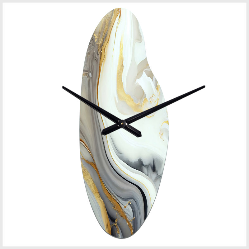 Horloge murale asymétrique en métal blanc et doré avec motif abstrait en marbre blanc III, Grand