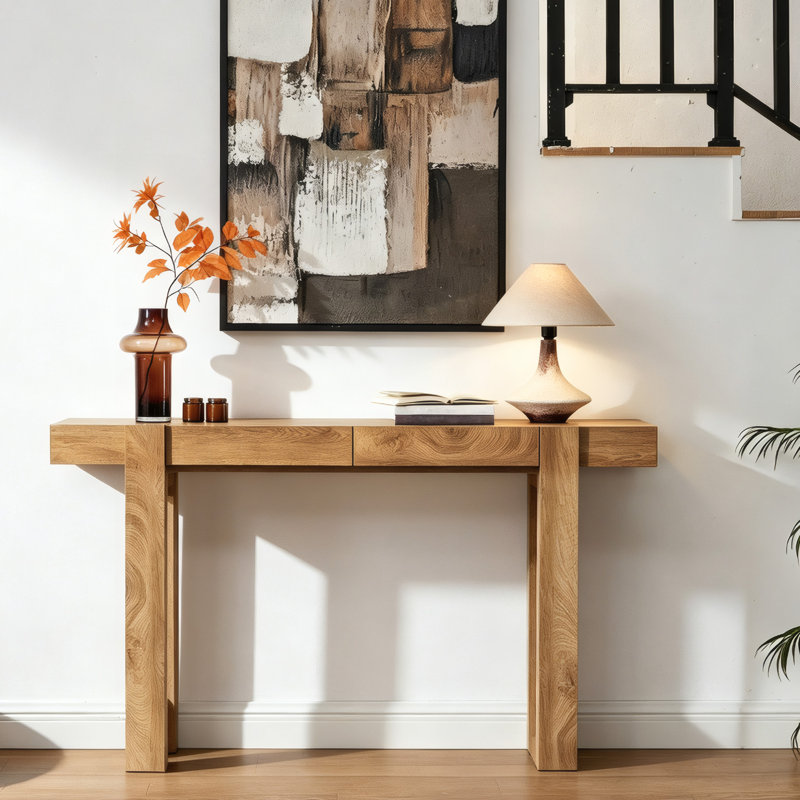 Console de 63 po en bois de style minimaliste moderne pour le hall d'entrée et le salon avec 2 tiroirs, Chêne noueux clair