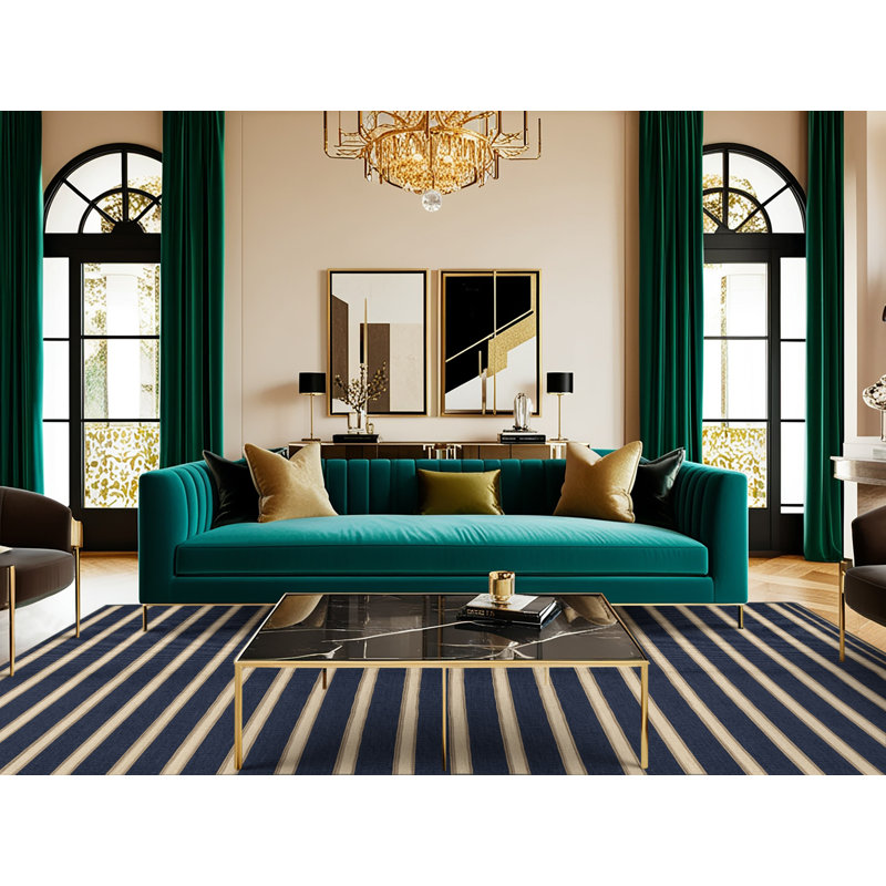  Tapis lavable rayé crème marine, Rectangle 5 pi x 7 pi