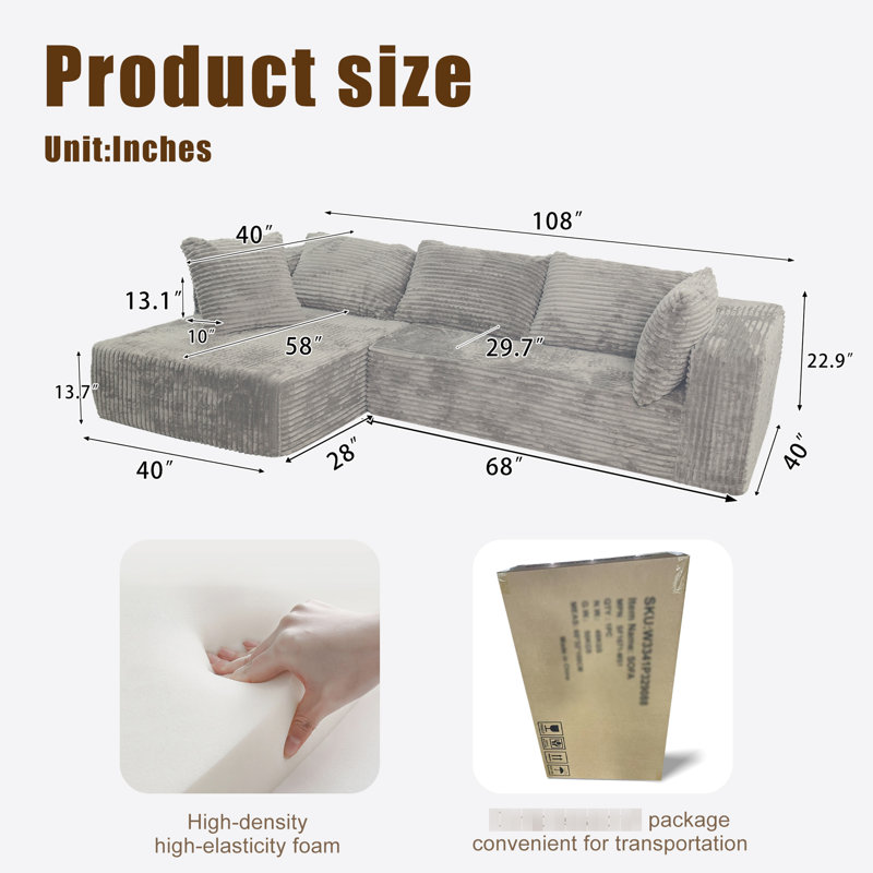 Modern L Shaped 3 - Seat Grey Modular Sectional With Chaise And Deep Seat, Medium Firm , Soft Covers Zippers American Design Us Foam, Smooth To Touch