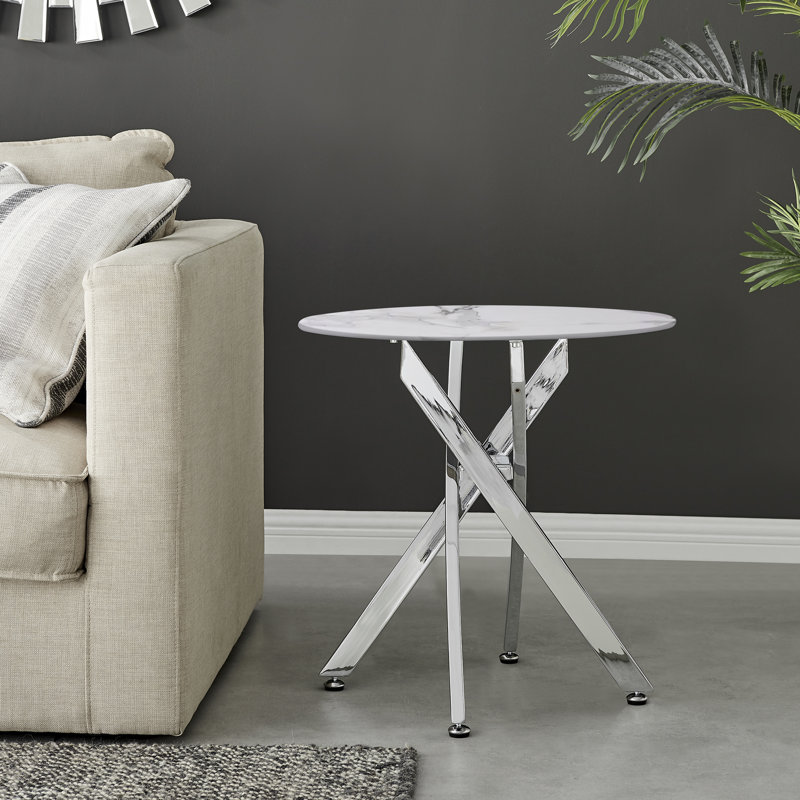 Cesarino Marble Effect Round Sofa Side Table - Glass Topped Metal Leg Small Table, White, Silver