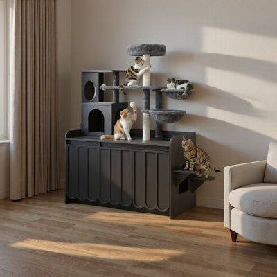Arbre à chat 50,6 po avec bac à litière caché - Tour à chat multi-niveaux multi-niveaux avec poteaux à griffer en sisal, hamacs et armoire de rangement pour chats d'intérieur