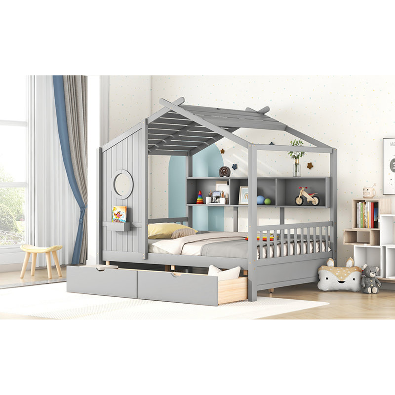 Lit double en bois pleine grandeur, finition grise, 2 tiroirs, tablette arrière pour lunettes de soleil, gris idéal, tablette de rangement,