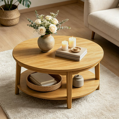 Table basse ronde moderne de style Mid-Century de 80 cm (31,5 po) avec pieds en peuplier, panneau uni en noyer clair, aucun assemblage requis, idéale pour le salon, un appartement ou une chambre d'étudiant.