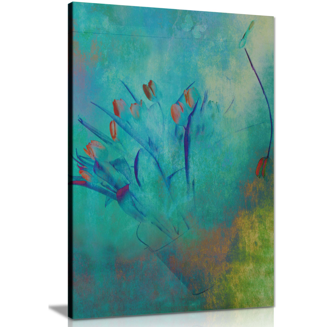 Painterly Red and Blue Tulip in a Vase - Wrapped Canvas Painting