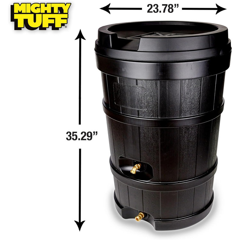 Mighty Tuff 48-Gallon Rain Barrel - Black, Dual Spiggot, Built-in Debris Filter and Overflow Channel