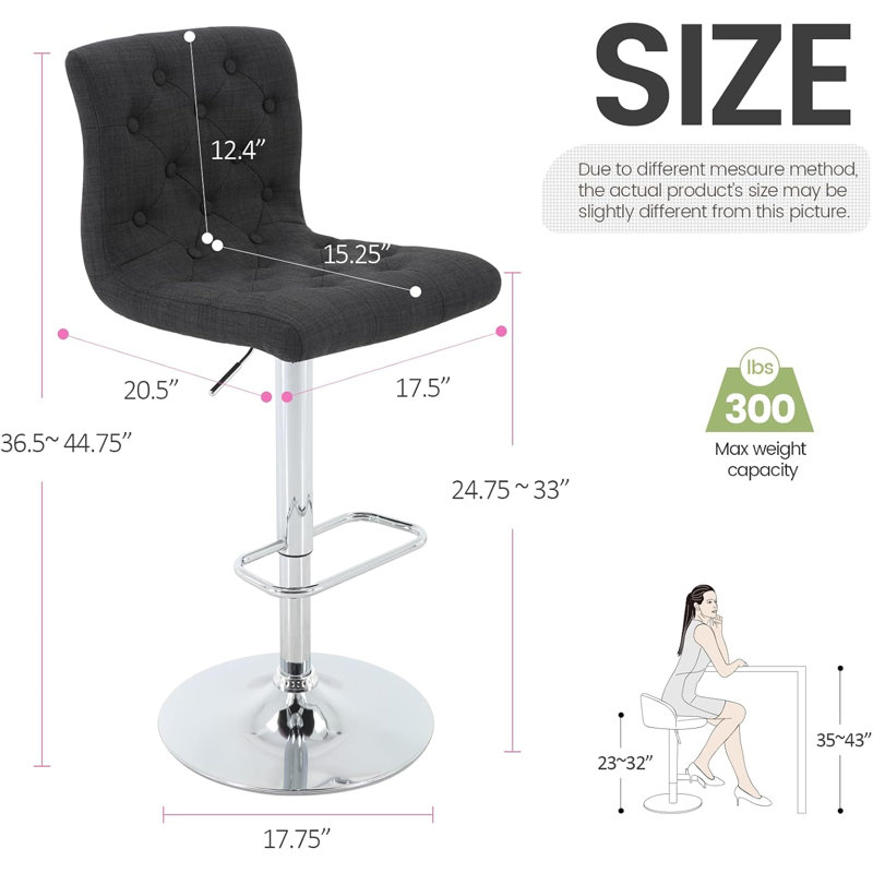 Brage Living Tufted Fabric Bar Stool Set Of 2, Adjustable Swivel Counter Height Barstool With Back, Upholstered Armless Airlift Bar Chair For Kitchen Dining Cafe