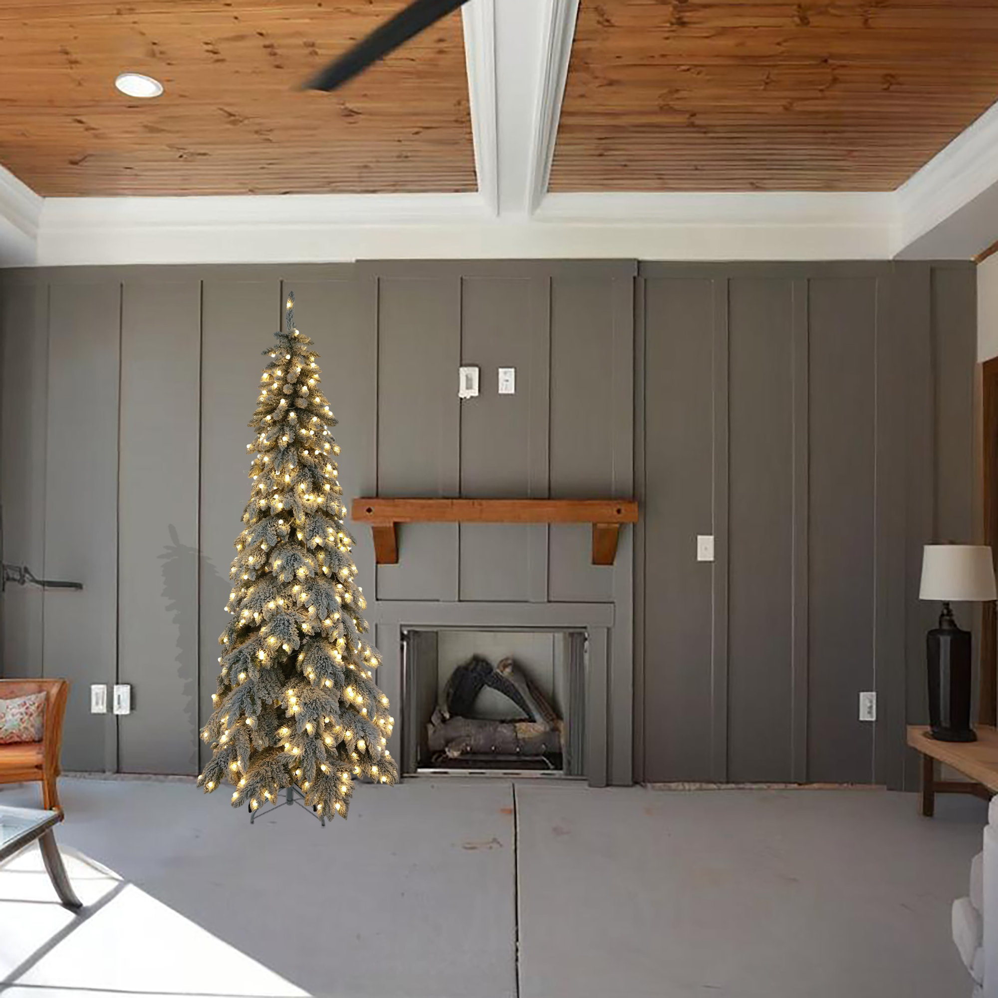 7.58 Ft Artificial Pre-Lit Christmas Tree With Lights, Snow Flocked Farmhouse Greenery Xmas Tree With Branch Tips Sturdy Metal Stand