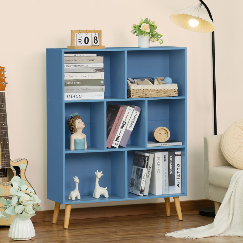 7 Cube Bookshelf, 3 Tier Modern Bookcase With Legs, Wood Cubeicals Organizer Storage Open Shelves, Retro Display Book Shelf, Freestanding Short Book Case For Bedroom,Living Room,Office