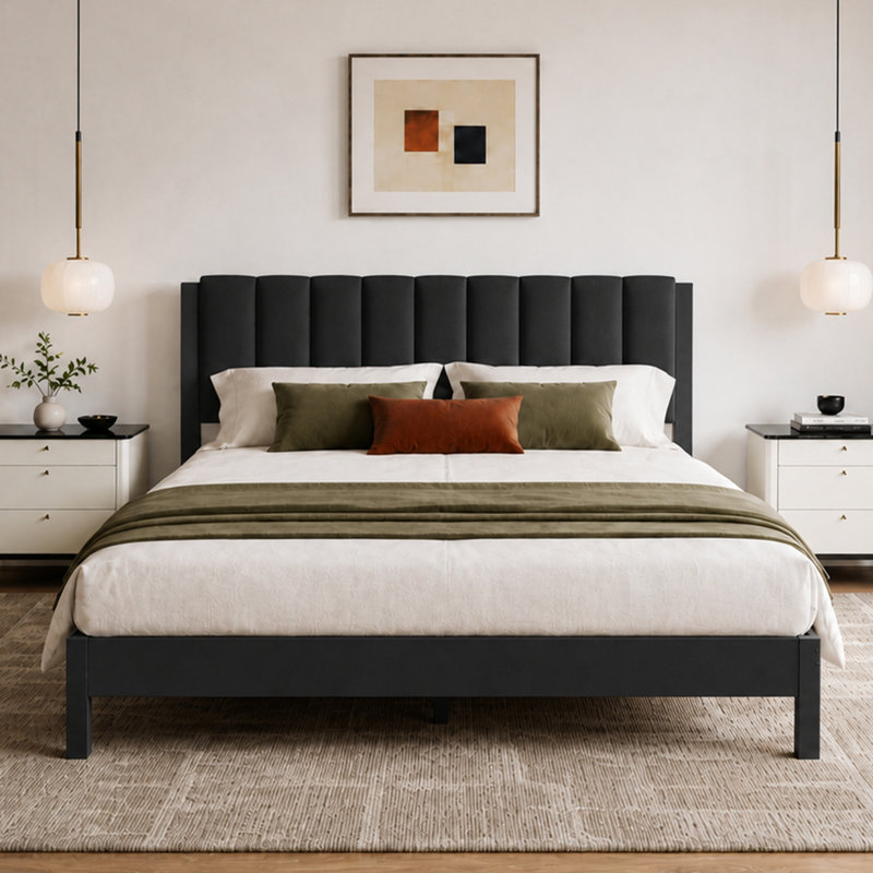 Queen Size Metal and Upholstered Bed Frames with Headboard, Queen, White